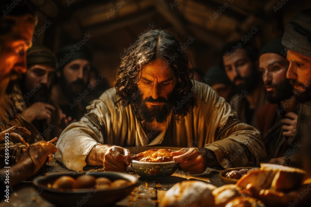 Jesus breaking bread at the last supper, foretelling his sacrifice for humanity - obrazy, fototapety, plakaty 