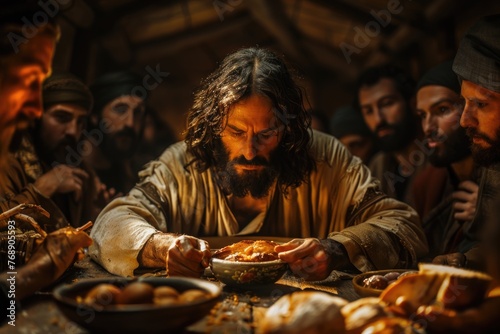 Jesus breaking bread at the last supper, foretelling his sacrifice for humanity photo
