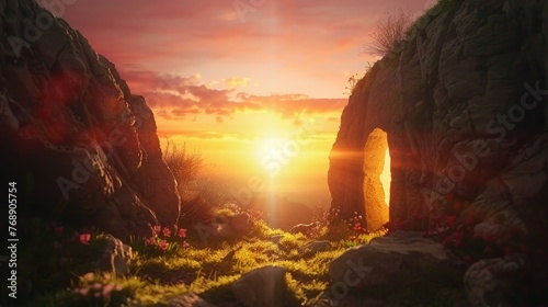 The empty tomb at sunrise, symbolizing hope and the miracle of resurrection