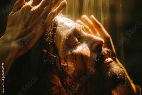 Veronica wipes Jesuss face, tender gesture, soft focus, closeup, divine light blessing photo