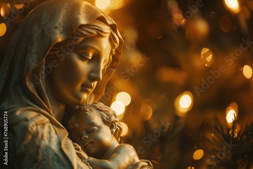 Virgin Mary cradling baby Jesus, starlit night, tender glow, closeup, pure love ambiance © Pungu x