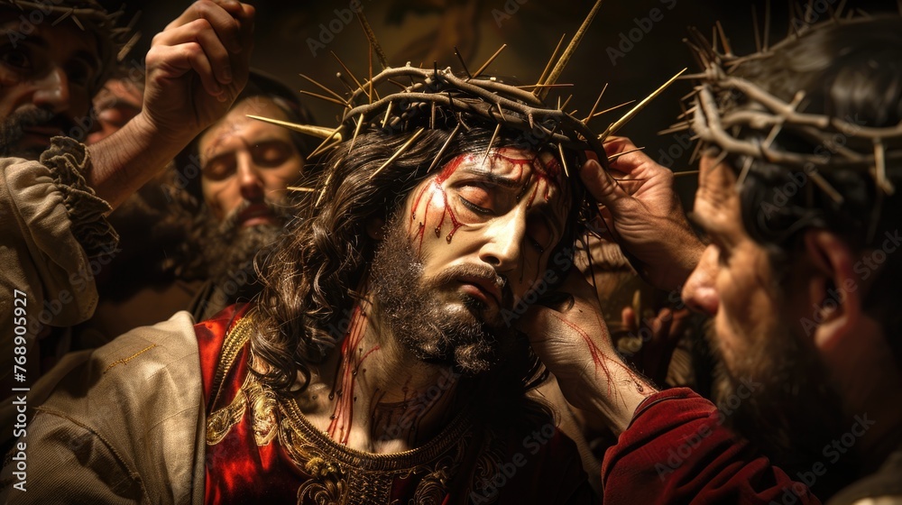 Jesus being crowned with thorns, a portrayal of suffering and humility - obrazy, fototapety, plakaty 