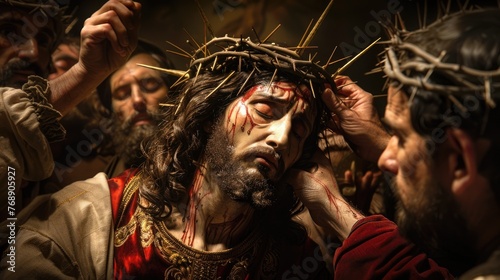 Jesus being crowned with thorns, a portrayal of suffering and humility