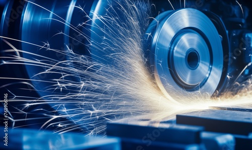 A closeup of an aluminum spool turning on the lathe, with sparks flying around it in blue and white tones. The background is dark and blurred, creating depth. photo