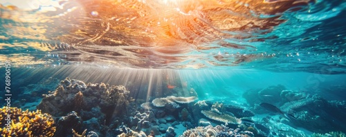 The beautiful underwater view of the sea is radiated by sunlight with clear sea water, fish and coral reefs