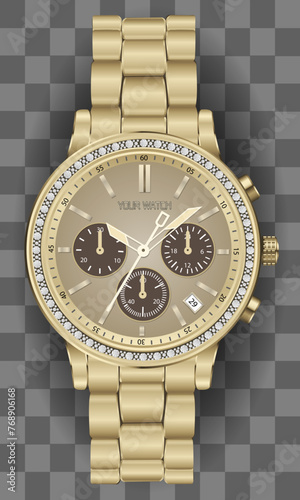 Realistic clock chronograph watch for men golden diamond on checkered background luxury vector