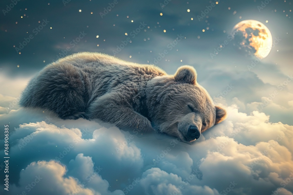 Bear dozing off on a fluffy cloud, sky and moon in soft focus, tranquil scene ultra HD - obrazy, fototapety, plakaty 