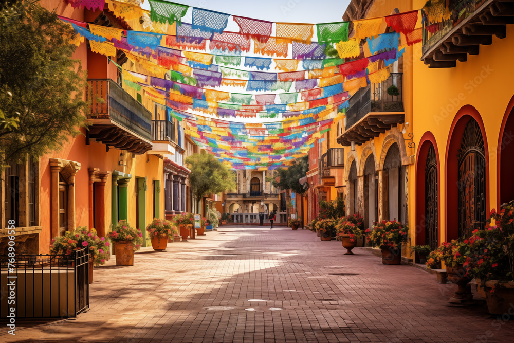 Embrace the joyous energy of Cinco de Mayo, a bustling town square, surrounded by vibrant papel picado banners and festive decorations 