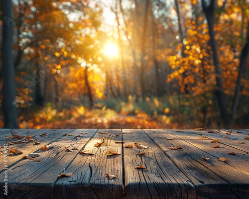 Sunlit wooden table, autumn leaves blur in the background, cozy atmosphere, closeup high resulution
