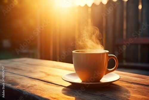A steaming cup of coffee on a wooden table in the morning sunlight