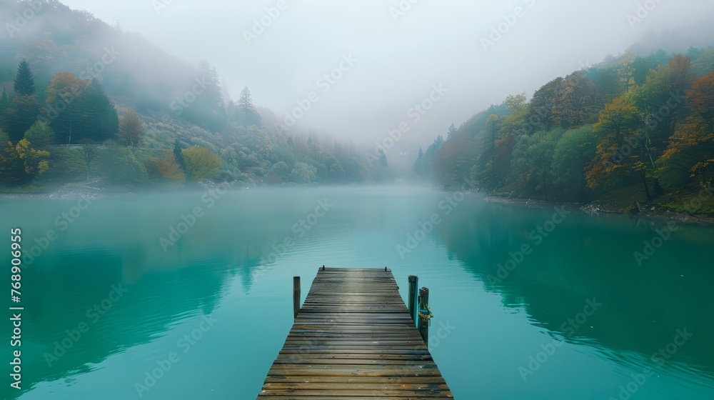 Foggy day serenity: stunning turquoise lake view from wooden quay amidst misty mountain landscape - obrazy, fototapety, plakaty 