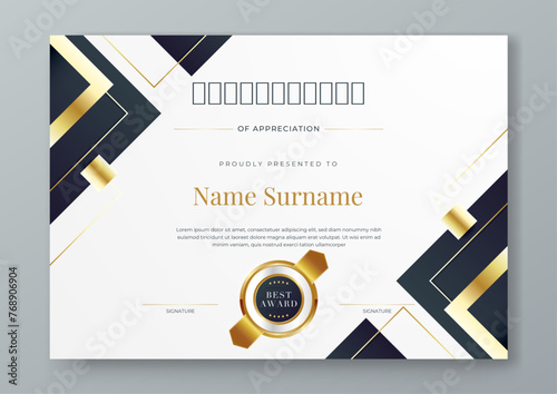 Black white and gold vector professional and modern award corporate certificate design template. For award, business, diploma, workshop, award, graduation, completion, competition and education