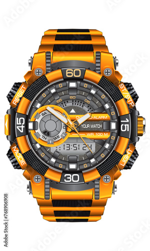 Realistic yellow grey watch clock chronograph sport modern for men on white background vector