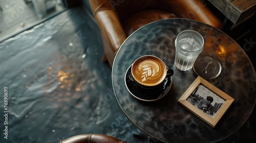 Elegant Coffee Moment: Artful Latte on Stylish Table