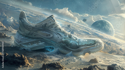 Galactic Voyager, Extraterrestrial Shoes, Futuristic footwear for space odysseys across alien planets, featuring anti-gravity soles for surreal walks