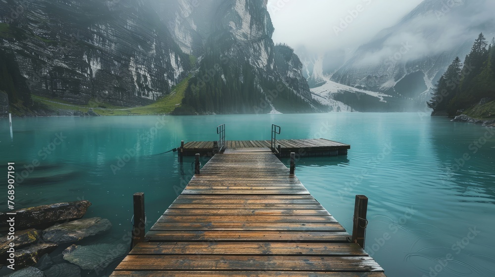 Obraz premium Foggy day serenity: stunning turquoise lake view from wooden quay amidst misty mountain landscape