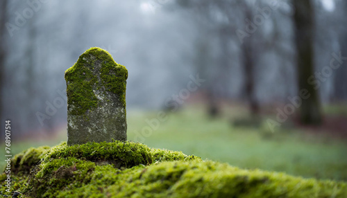 Ancient grave stone in misty forest, green moss. Dark tones. Natural landscape. photo