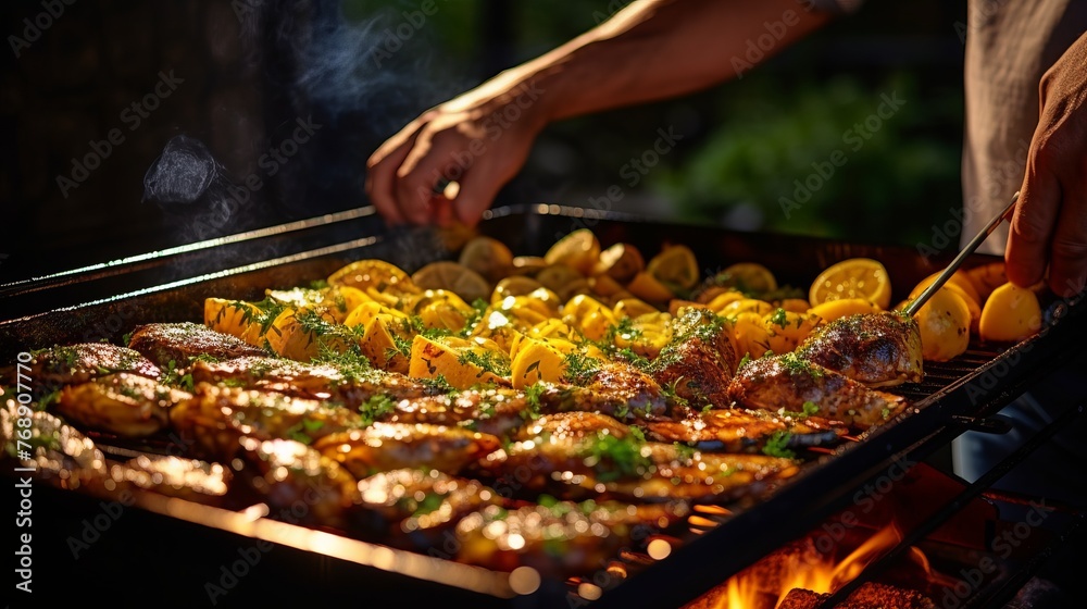 Person grilling meat and vegetables on a grill