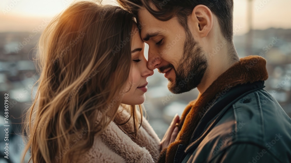stylish European couple stay close up with tenderness, cityscape on background stylish European couple stay close up with tenderness, cityscape on background