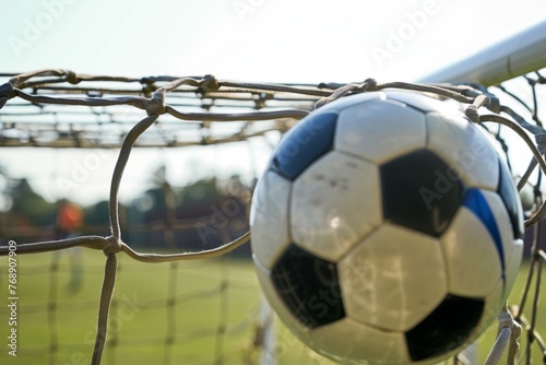 closeup of soccer ball in net, field in the distance