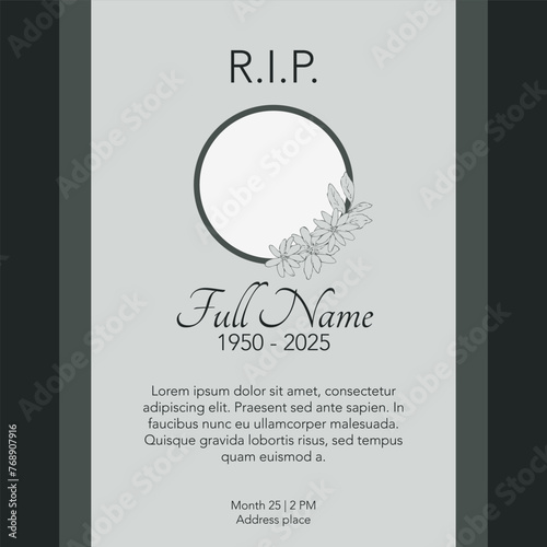 funeral card template with round photo frame and green flowers