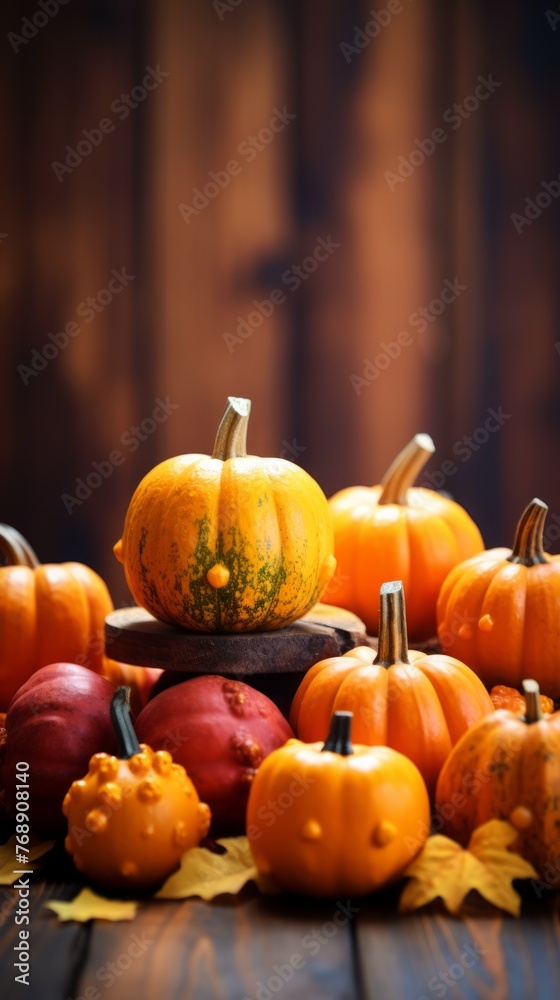 A wooden table with a variety of pumpkins on it A wooden table with a variety of pumpkins on it