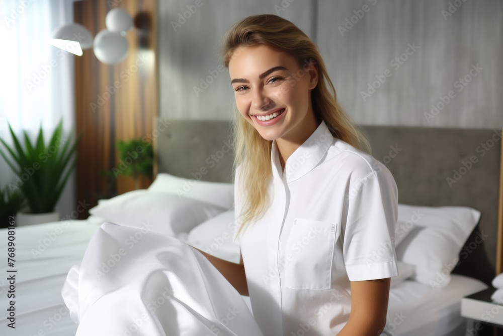 Maid with fresh clean towels during housekeeping in a hotel room. Close-up of Hand professional chambermaid putting stack of fresh towels in hotel room Generative AI. Maid with fresh clean towels during housekeeping in a hotel room. Close-up of Hand professional chambermaid putting stack of fresh towels in hotel room Generative AI.