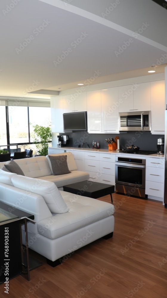 An open-concept living space with a white sectional sofa, hardwood floors, and a large kitchen with stainless steel appliances. An open-concept living space with a white sectional sofa, hardwood floors, and a large kitchen with stainless steel appliances.