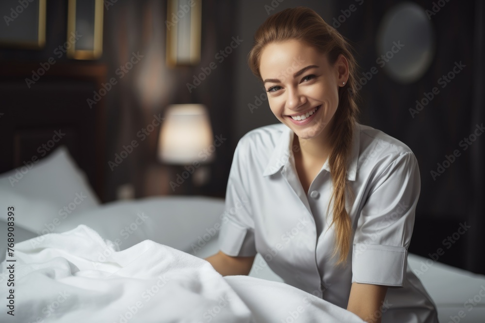 Maid with fresh clean towels during housekeeping in a hotel room. Close-up of Hand professional chambermaid putting stack of fresh towels in hotel room Generative AI. Maid with fresh clean towels during housekeeping in a hotel room. Close-up of Hand professional chambermaid putting stack of fresh towels in hotel room Generative AI.