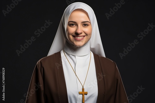 A smiling nun wearing a brown habit and white veil