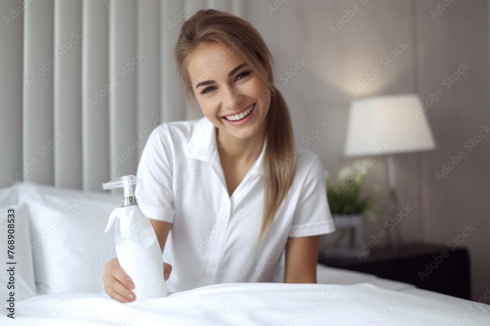 Maid with fresh clean towels during housekeeping in a hotel room. Close-up of Hand professional chambermaid putting stack of fresh towels in hotel room Generative AI. Maid with fresh clean towels during housekeeping in a hotel room. Close-up of Hand professional chambermaid putting stack of fresh towels in hotel room Generative AI.