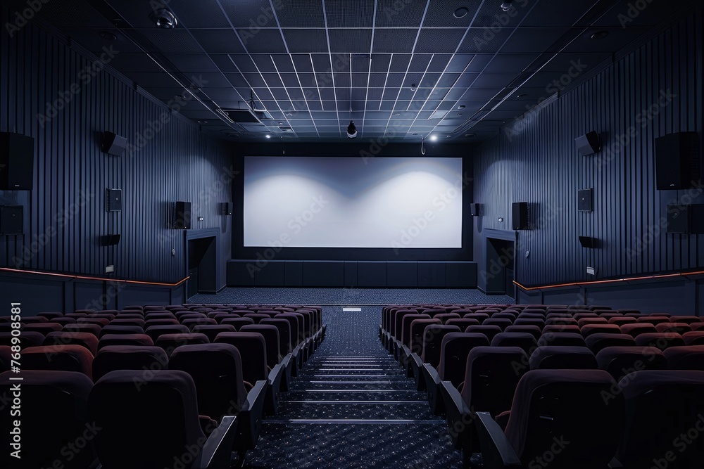 Modern Cinema Hall with Blue Lighting and Maroon Seats