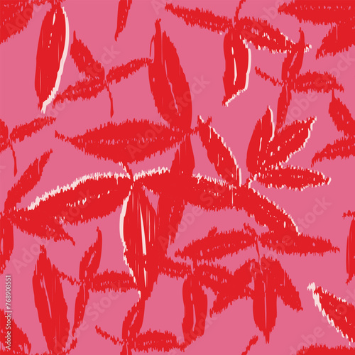 Seamless ikat pattern with floral elements on pink background.	