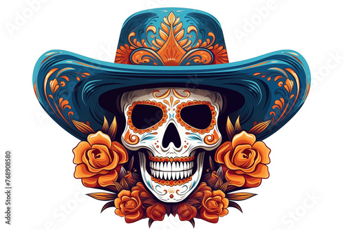 illustration of a Mexican skull wearing a sombrero hat isolate on clean white transparent background