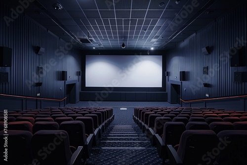 Modern Cinema Hall with Blue Lighting and Maroon Seats