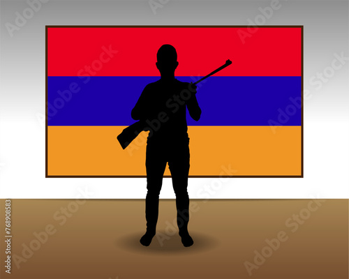 Man holding a gun in front of Armenia flag, fight or war idea