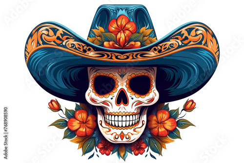 illustration of a Mexican skull wearing a sombrero hat isolate on clean white transparent background