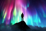 Aurora borealis with silhouette standing man on the mountain. Freedom traveler journey concept.