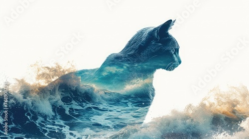 cat silhouette in double expossure of ocean waves, isolated on clean white background © Maryna