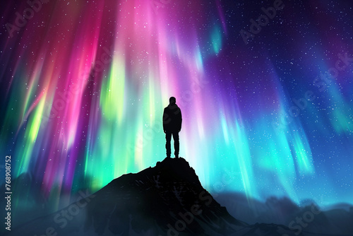 Aurora borealis with silhouette standing man on the mountain. Freedom traveler journey concept. photo