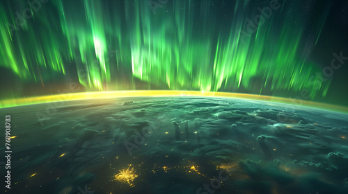 Northern lights aurora borealis over the planet. photo