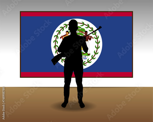 Man holding a gun in front of Belize flag, fight or war idea