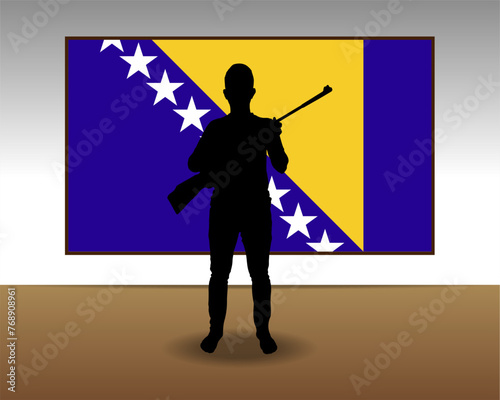 Man holding a gun in front of Bosnia flag, fight or war idea