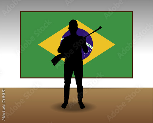 Man holding a gun in front of Brazil flag, fight or war idea
