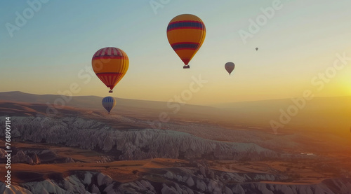 Panoramic Beauty: Hot Air Balloons Gliding Over Picturesque Land © Andrii 