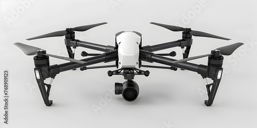 A professional photography drone capturing aerial views and high flying frames on a white background with ample copy space © Thares2020