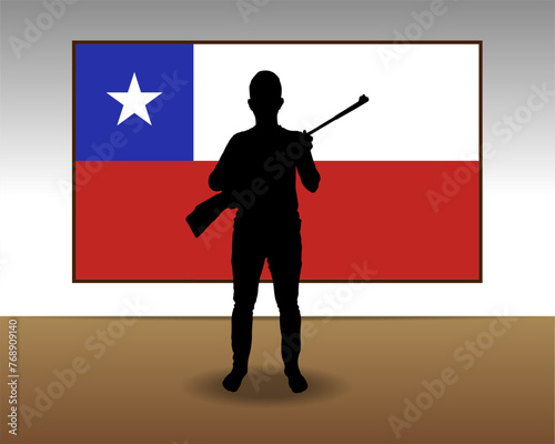 Man holding a gun in front of Chile flag, fight or war idea