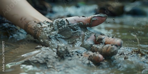 Closeup of a Hand Dipping into Mineral Rich Mud Bath for Natural Therapeutic Treatment