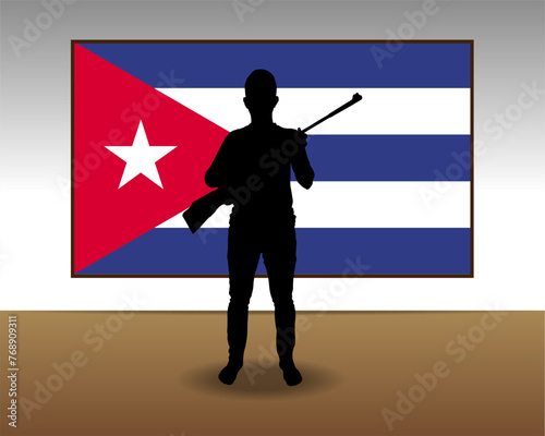 Man holding a gun in front of Cuba flag, fight or war idea