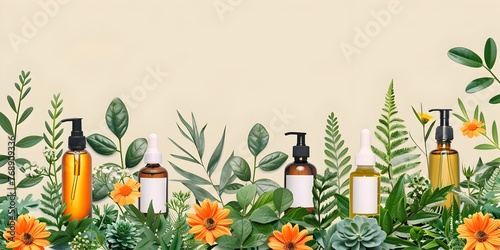 A selection of natural skincare products with botanical elements and wellness concept